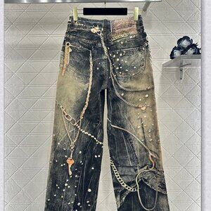Acne Studios Distressed Chain Embellished Wide Leg Jeans